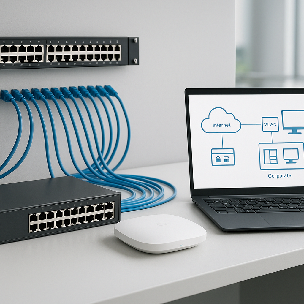 Bancada técnica de redes corporativas com switch gerenciável, cabos organizados e diagrama de VLAN